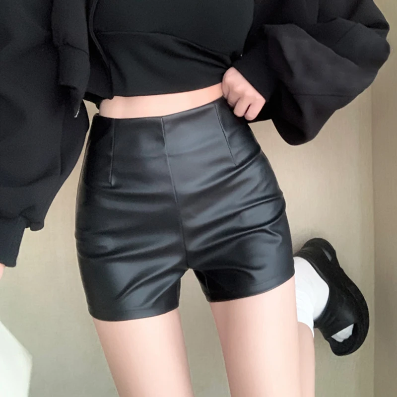 Damen Shorts Sexy Mode Frühling Herbst Schwarz Gerade Bodycon Lederhosen
