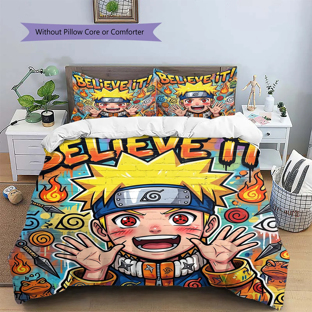 Naruto Anime Themed Patterned Pillowcase & Duvet Cover Set Bedroom Bedding Decor Perfect Gift for Enthusiasts YUN6516