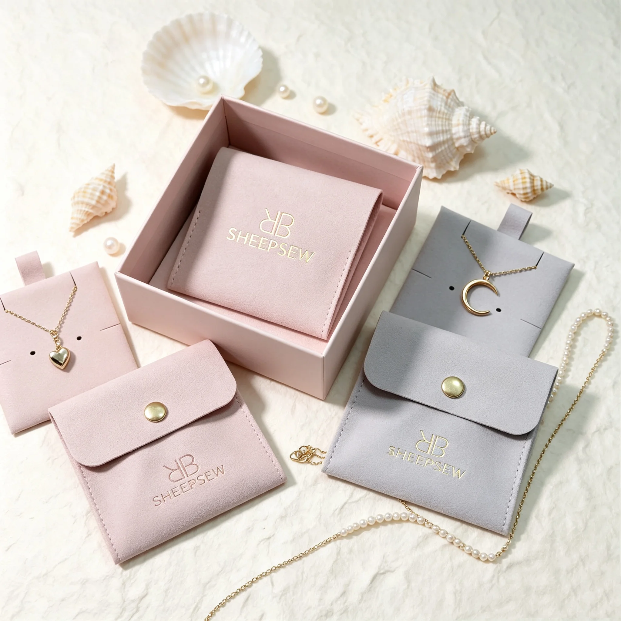 SHEEPSEW Wholesale Custom Embossed Logo Microfiber Snap Button Envelope Pouches With Protective Insert Pad Bulk Fine Jewelry Sto