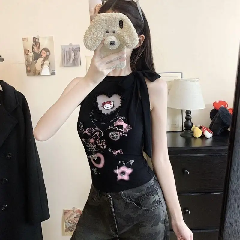 

Sanrio Hello Kitty Print Tee Shirt Cartoon Women Sweet Cool Babe Summer One Shoulder Vest Collar Slim Fit Kawaii Short Sexy Tops
