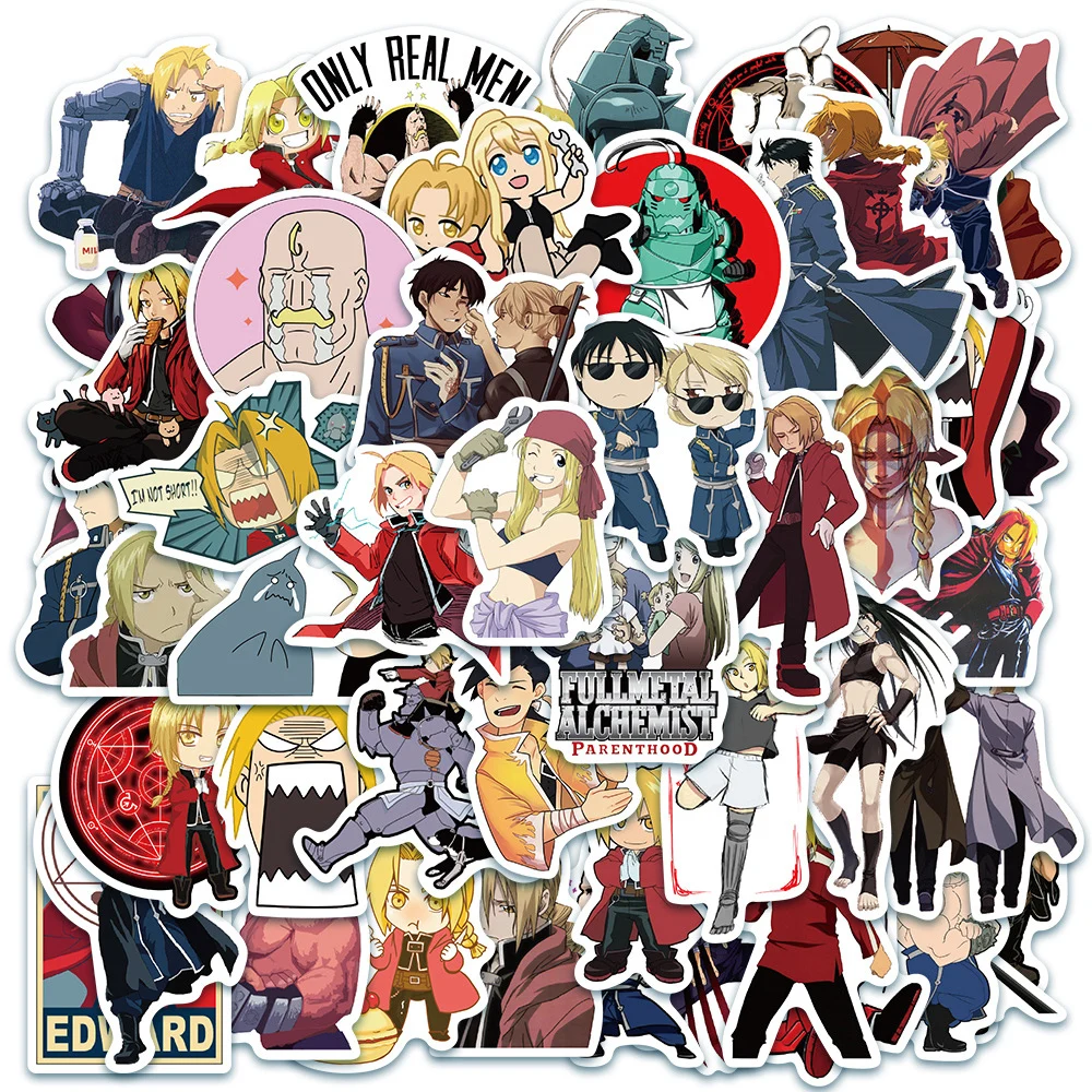 Fullmetal Alchemist Anime Adesivos Pacote, Cool Edward Elric Cartoon Adesivo, Decalques Graffiti, Fit para skate, Notebook, Telefone, 10 pcs, 30 pcs, 50pcs