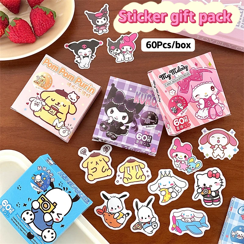 60Pcs/Box Kawaii Sanrio Stickers Hello Kitty Kuromi Cinnamoroll Pochacco DIY Hand Account Decal Baking Sealing Stickers