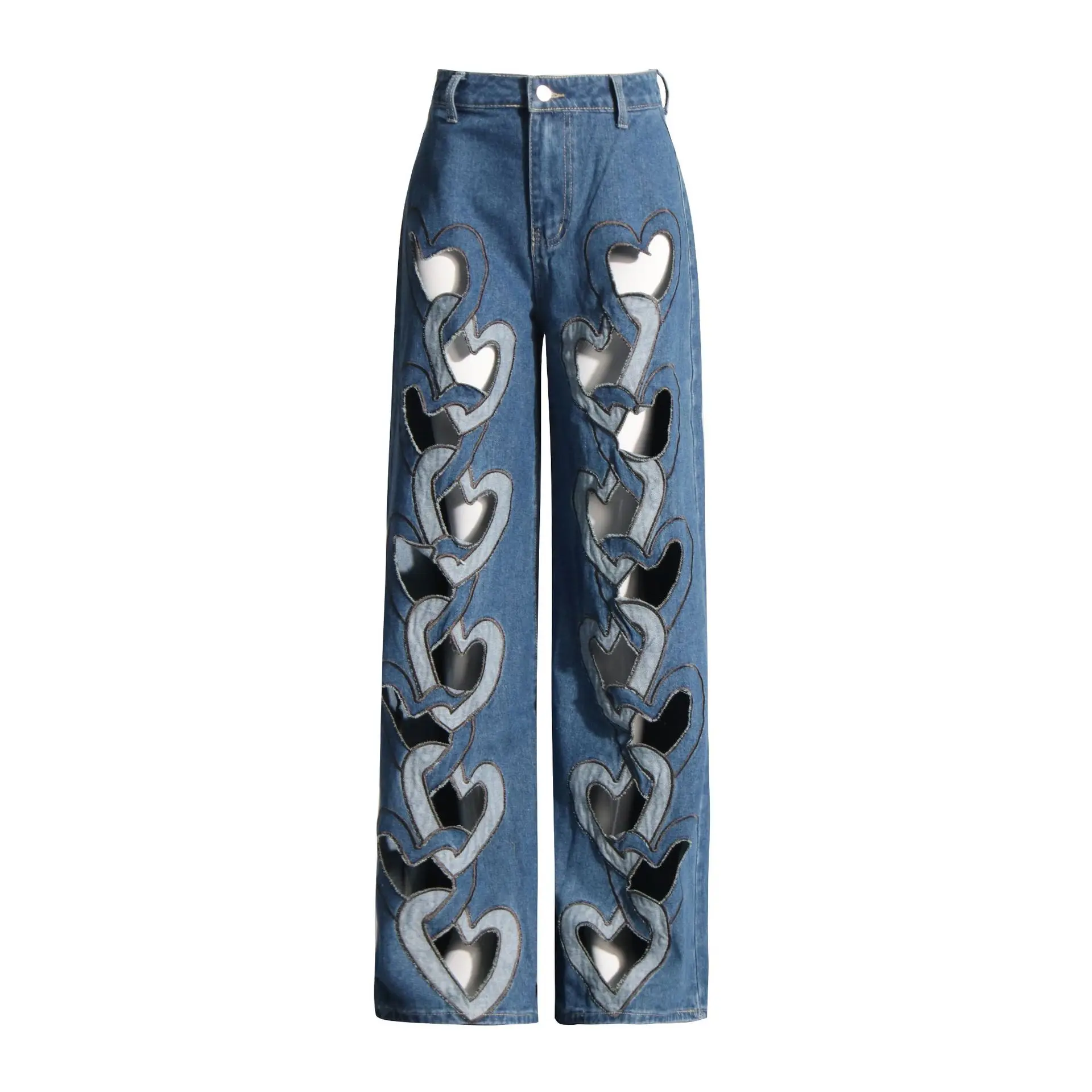 

Women Denim Jeans Splice Heart Hollow High Waist Long Trousers Zipper Straight Y2k Streetwear Pant Loose 2025 Summer Mom Jeans