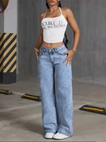 Women's Back Pocket Bow Embroidered Fashionable Wide Leg Pants Versatile Washed Denim Trousers 5