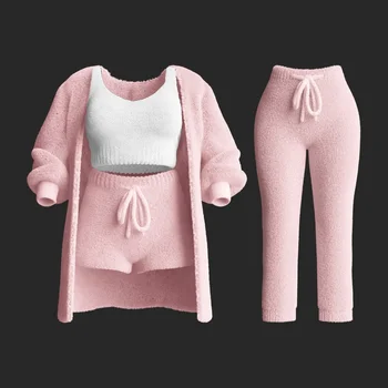 4-teiliges Set für gemütliche Damen-Outfits, O-Ausschnitt, abgeschnittene Tanktops, langärmelig, Fleece, warm, mit Kapuze, bequeme Loungewear