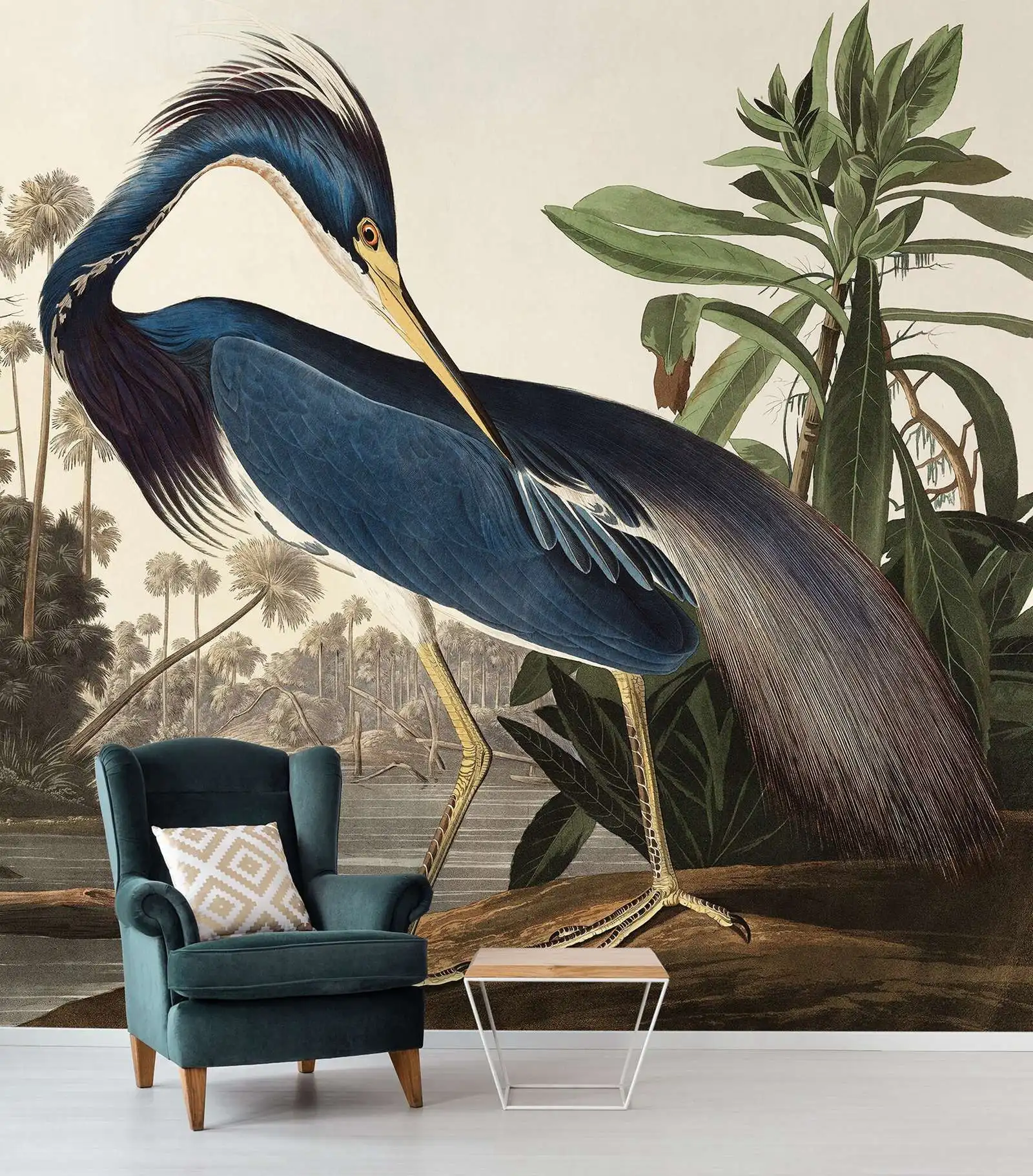 Blue Heron Wallpaper Mural, Vintage Animal Large Mural Wallpaper, Bird Print Wall Mural For Room Decor, Retro Style Wall Decor