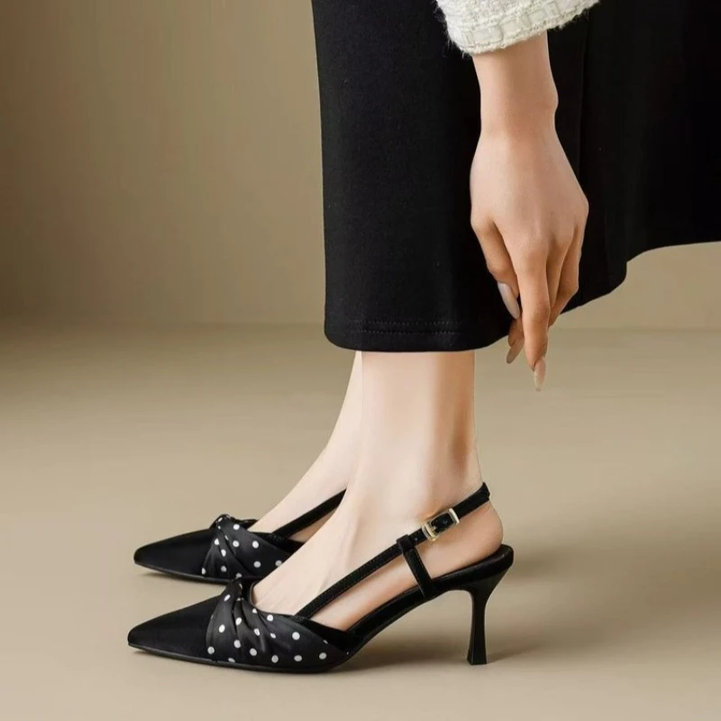 Pointed Toe High Heels Women Dot Sandals 2026 Summer Singbacks Mules Shoes Elegant Butterfly-knot