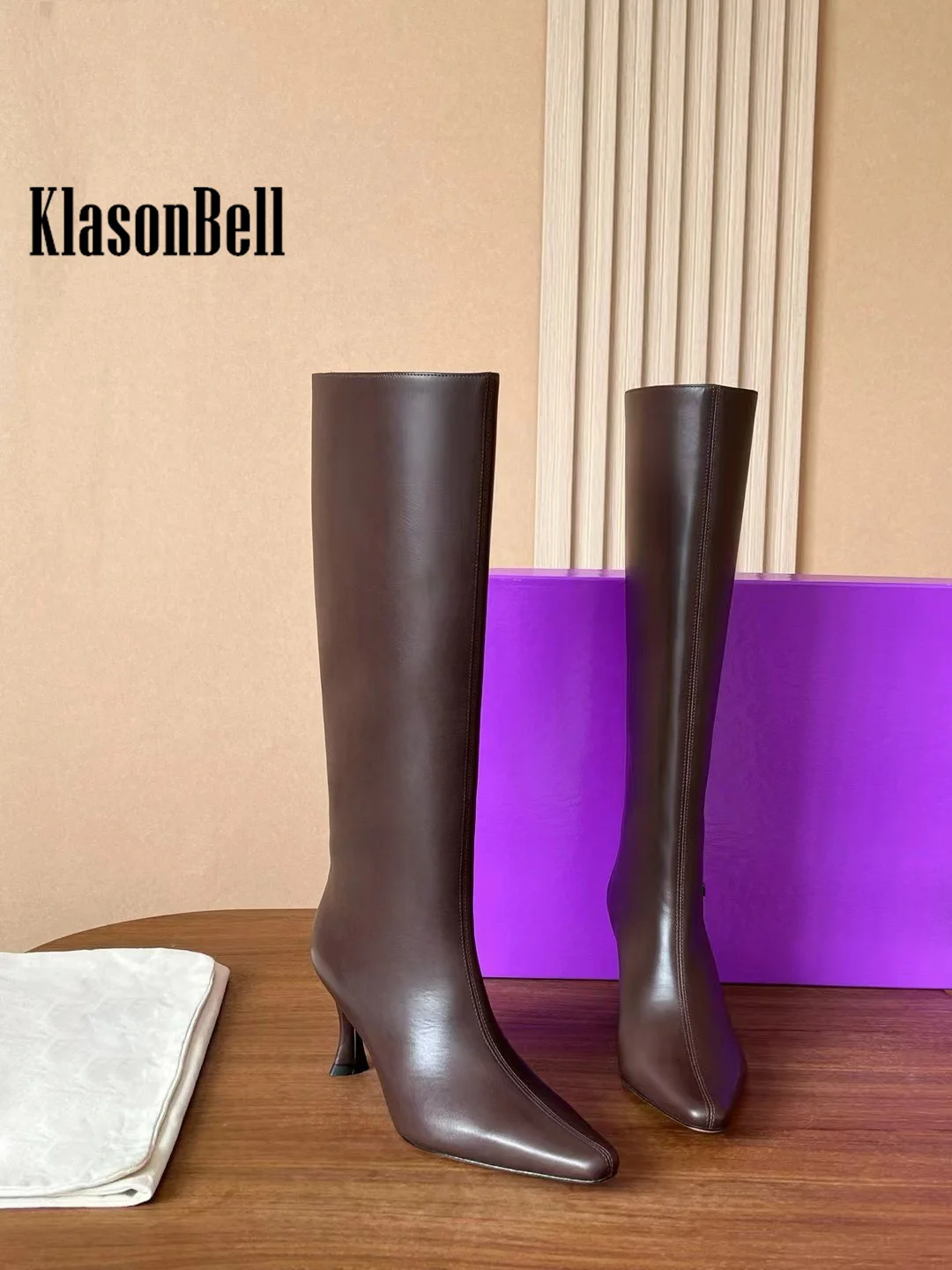 9.21 KlasonBell Genuine Leather High Band Boots For Women Thin Mid Heels Sewing Pointed Toe Modern Boots