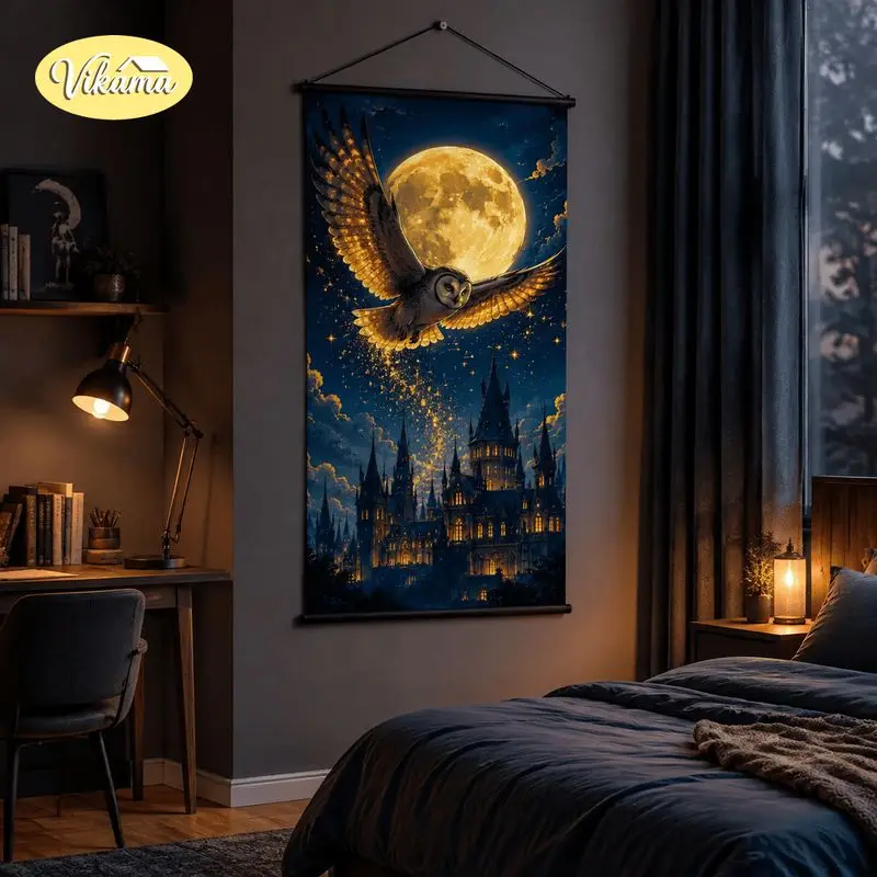 VIKAMA Magic Castle Wandteppich Vollmond Eule Sternenhimmel Hogwarts-Stil Fantasy Anime Kunst Polyester Wandbehang Schlafzimmer Wohnheim Deko