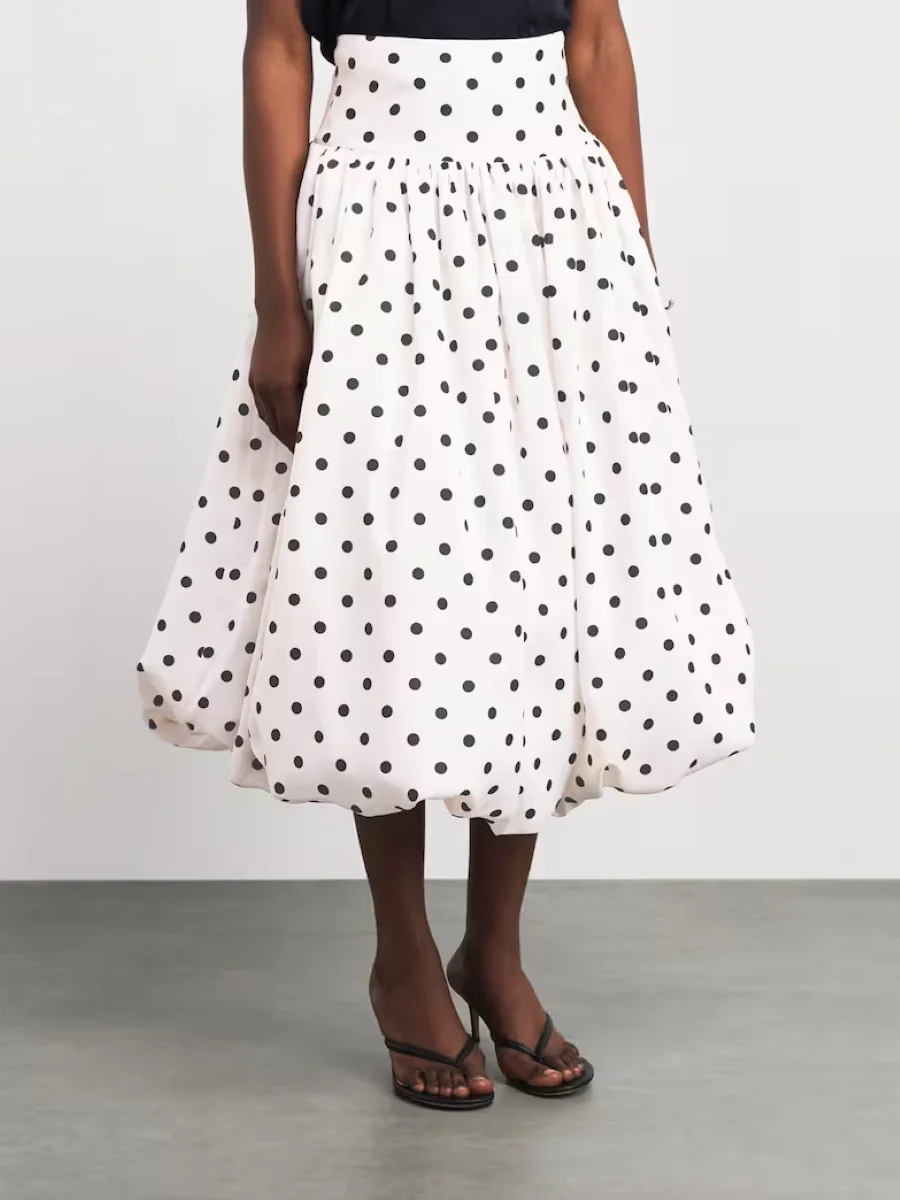 Women's White Polka Dot Flower Bud Midi Length Skirt High Waisted Satin Skirt