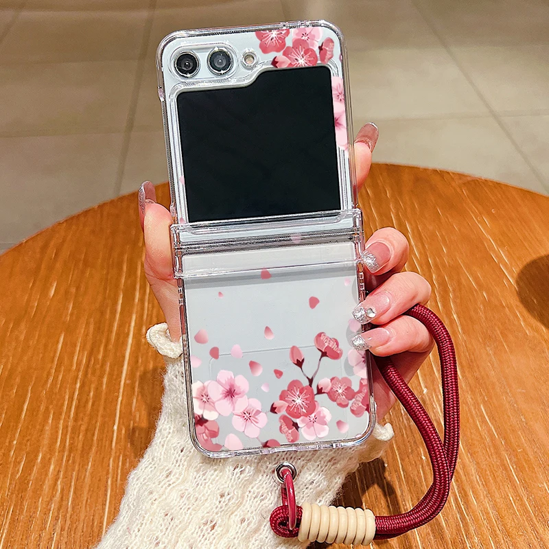 Wrist Strap Lanyard Clear Phone Case For Samsung Galaxy Z Flip 7 FE Flip6 Flip5 Flip4 Flip3 5G Pink Flower Printed Folding Cover
