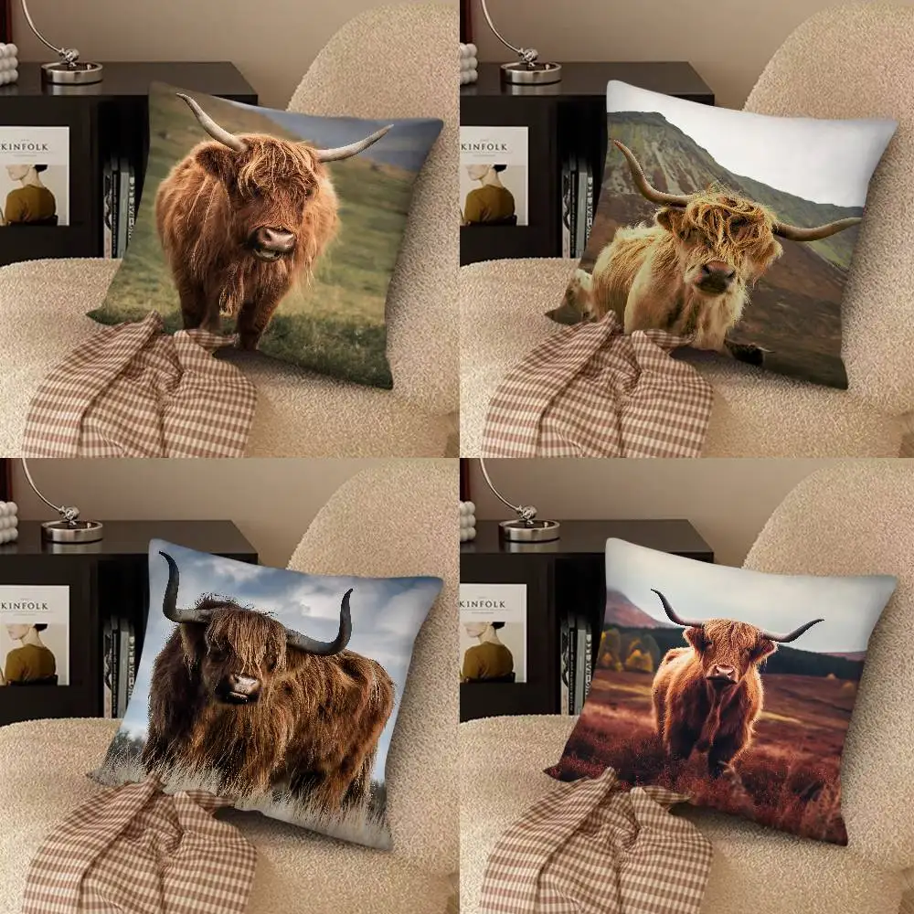 Highland Cattle Pillow Case Fashion Square Pillowcase Bedroom Sofa Room Ins Decoration Leisure