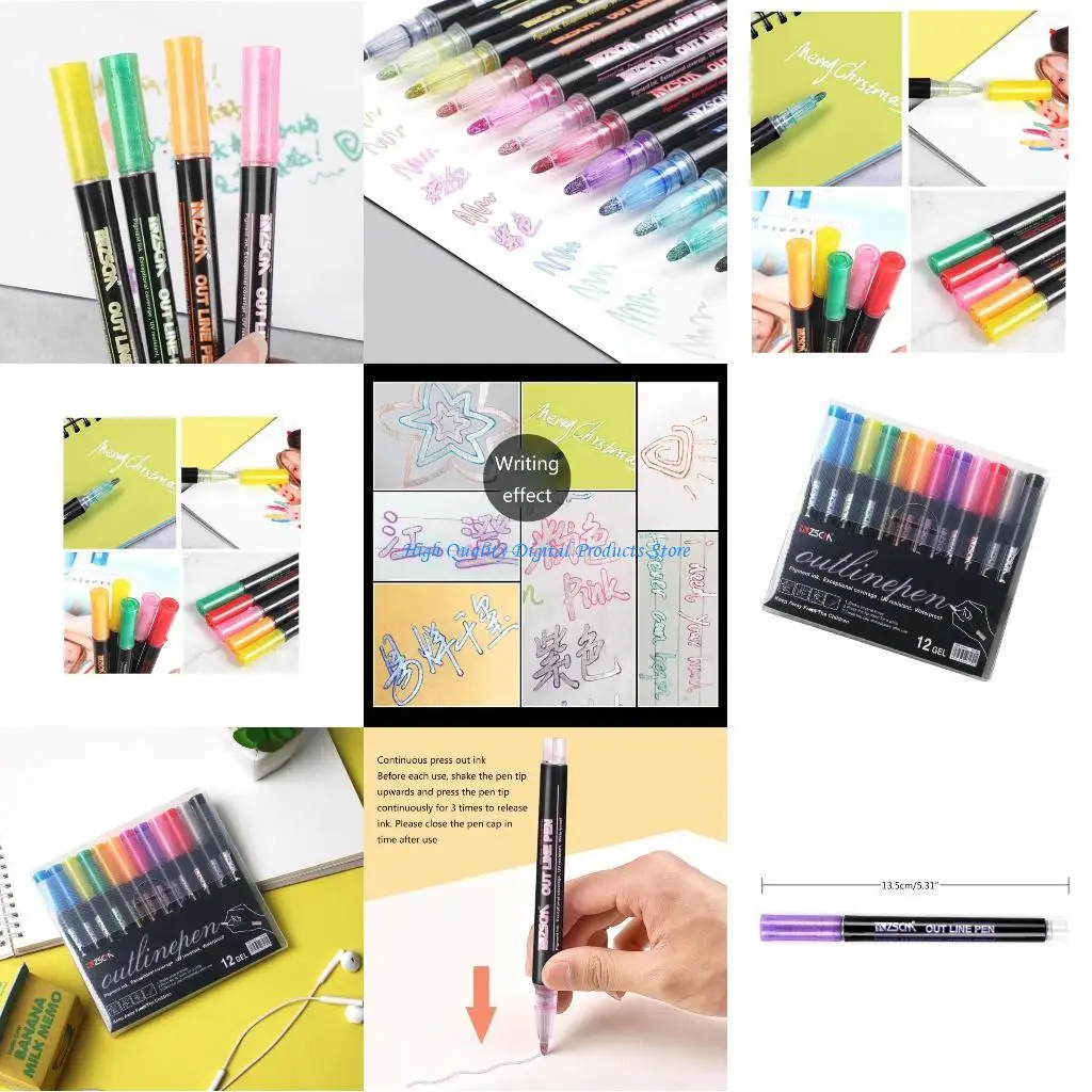 

U2JE 12 шт. ручки с двойным контуром для искусства и ремесел, ручки с блестящими краями, блестящие ручки