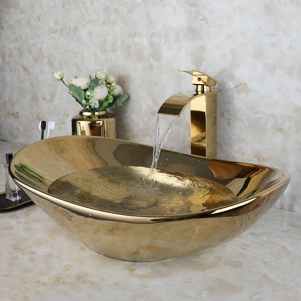 TORAYVINO Bathroom Basin Sink Faucet Set Shiny Gold Artistic Oval Ceramic Vessel Sink with Waterfall Single Handle Faucet Mixer