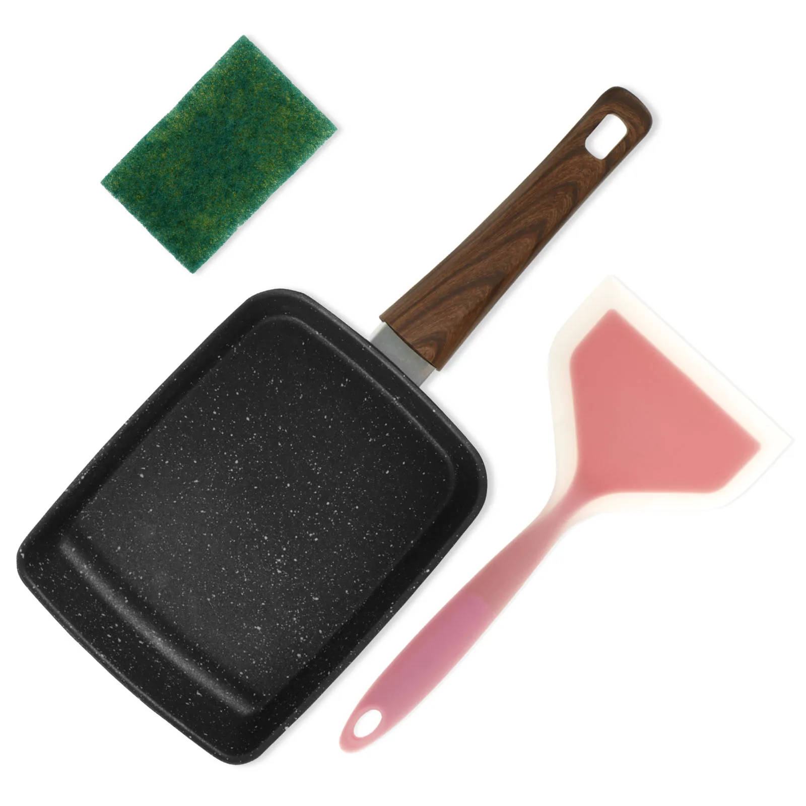 Sartén Tamagoyaki rectangular, sartén antiadherente de hierro para tortilla japonesa con espátula, esponja, sartén multifuncional para rollo de huevos, apto para lavavajillas