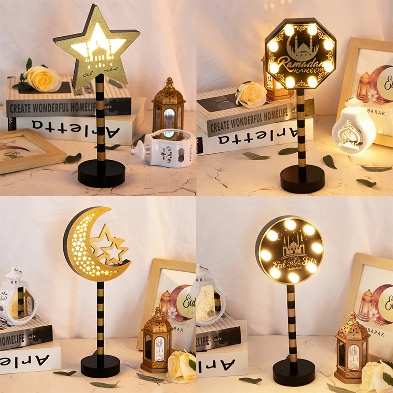 

Ramadan Moon Star Lamp Sign Eid Mubarak Wooden Table Ornament Home Decoration LED Light Islamic Muslim Festival Party Gifts 2025