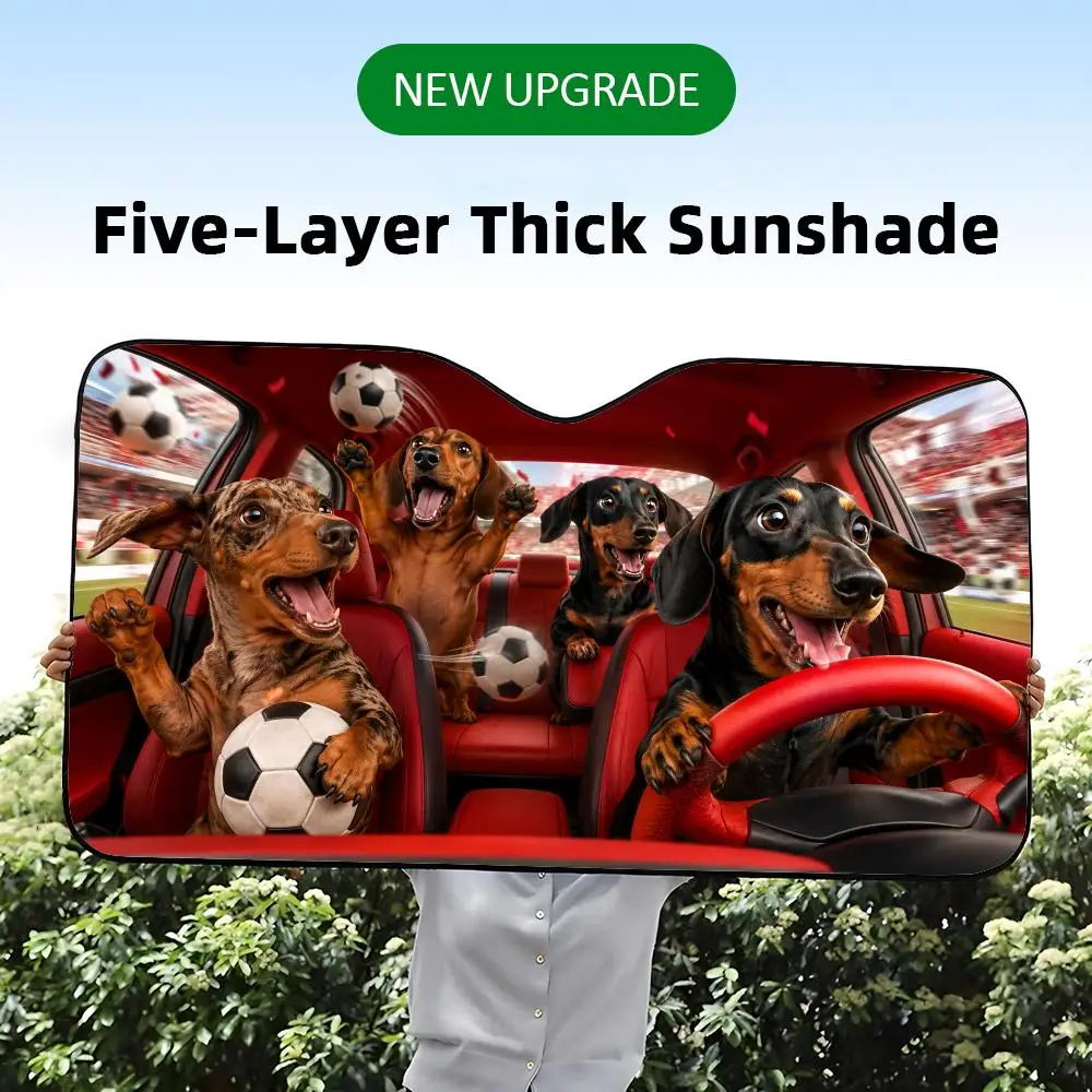 A five-layer thick car windshield sunshade with a funny graphic print of Dachshund dogs throwing a soccer party.
