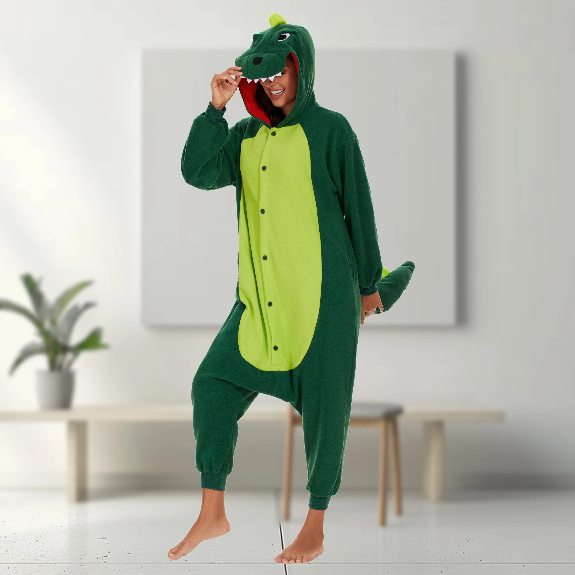 

CANASOUR Dinosaur Onesie One-Piece Pajamas Adults Women Hooded Pyjamas Halloween Christmas Cosplay Animal Costume Sleepwear