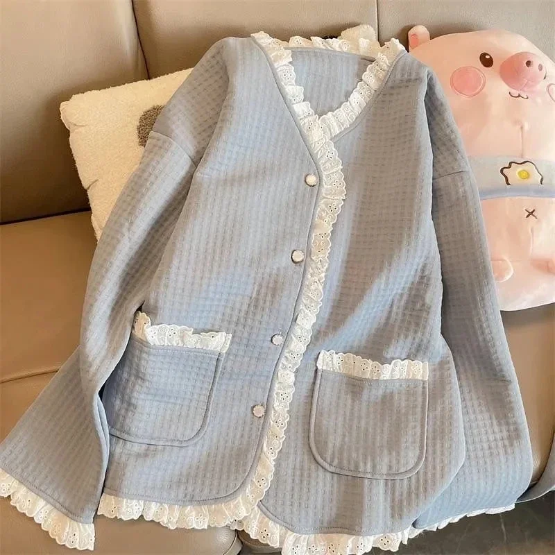 Korea Style Women's Pajama Set Long Sleeve Plaid Ladies Sleepwear 2 Pcs with Pant Single Breasted Sweet Pyjama Suit for Female