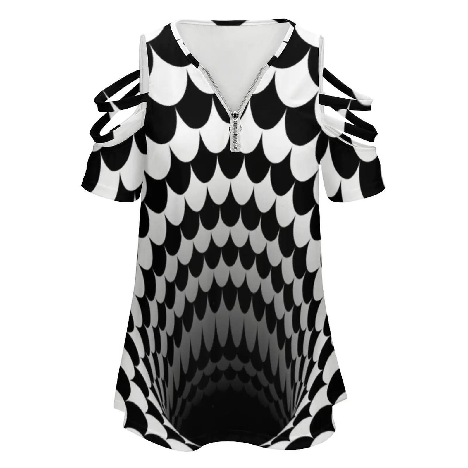 Optical Illusion Black Hole Scales ( Black / White ) New Fashion Zip Off Shoulder Top Short-Sleeve Women Shirt Optical Illusion