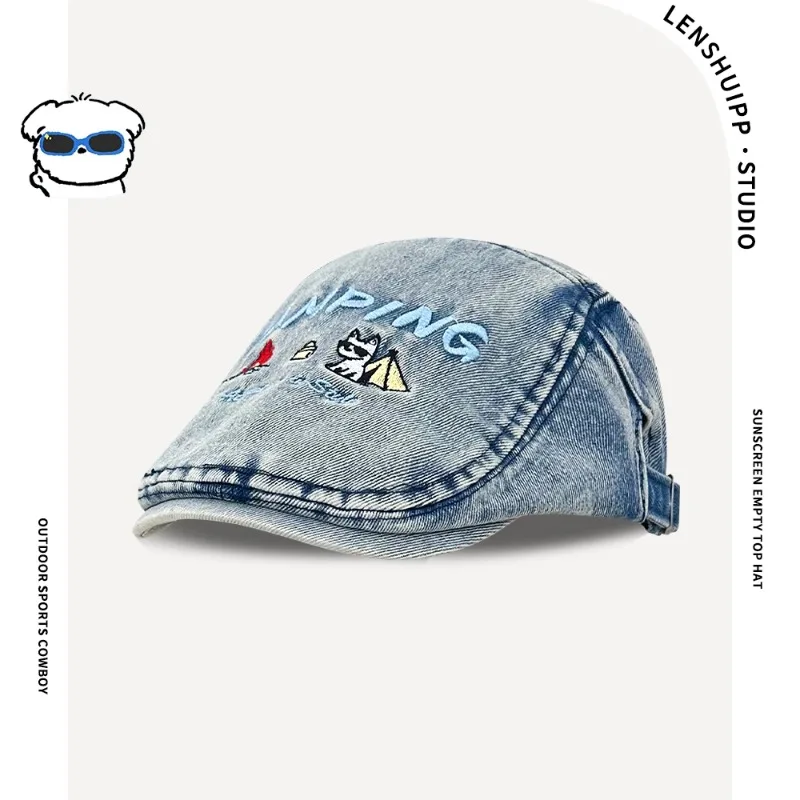 

Japanese Cute Cartoon Embroidered Forward Hats for Men and Women Summer Travel Fashion Sunscreen Retro Washed Denim Berets Cap