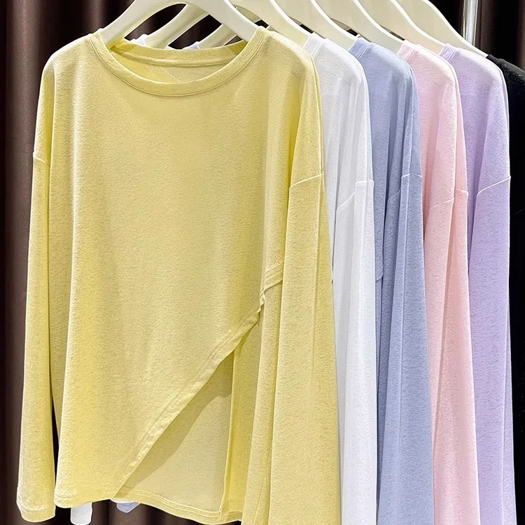 

Футболки с длинным рукавом, женские хлопковые лоскутные топы, свободная посадка, удобные осенние элегантные минималистичные деловые повседневные футболки