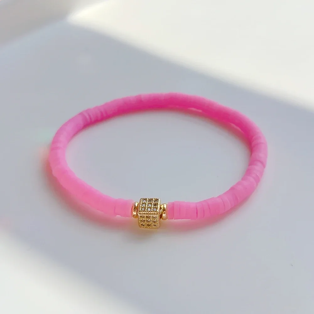 KKBEAD Polymer Clay Heishi Stretchy Bracelets Rhinestones Square Charm Bracelet Bohemian Jewelry Gold Plated Bead Pulseras