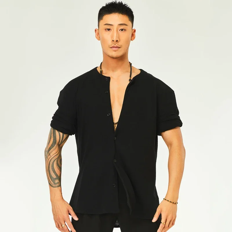 Neue Männliche Erwachsene Chacha Rumba Latin Tragen Latin Dance Praxis Kleidung Für Männer Schwarz Langarm Rundhals Shirts