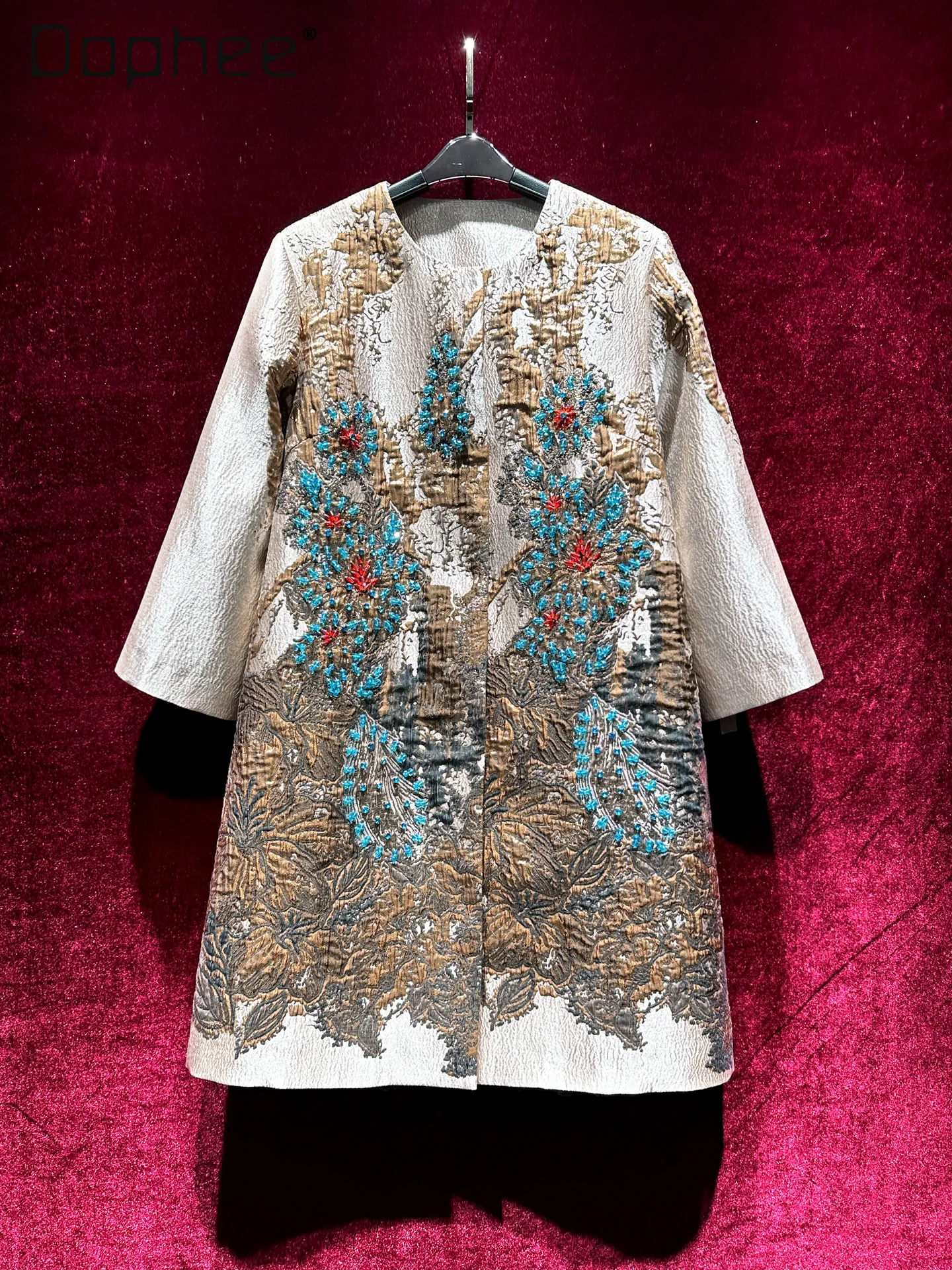 Luxurious Jacquard High-End Heavy Beading Mid-Length Coat Women Trench Coat Vintage Embroidered Single Breasted Jackets Autumn