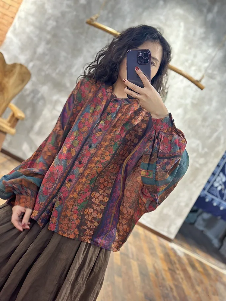 Camisa holgada informal de gran tamaño para mujer, Blusa de manga larga con estampado Floral de flores y grafiti, Tops a la moda para otoño, 2023