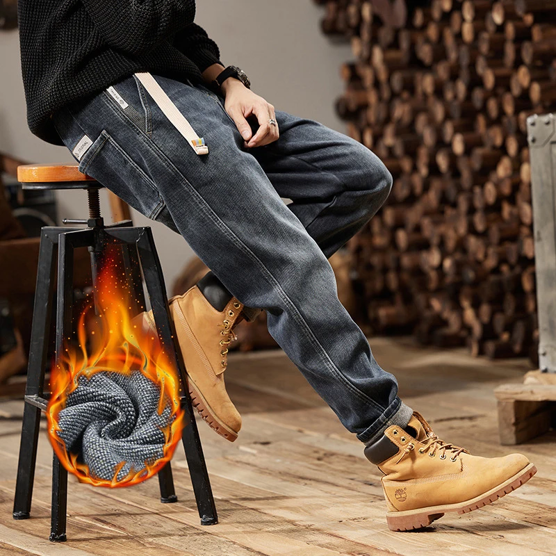 

Y2K Newly Designer Fashion Men Jeans High Quality Loose Fit Retro Blue Stretch Vintage Jeans Men Winter Velvet Warm Denim Pants