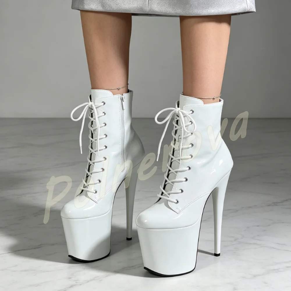 Extreme Platform Stiletto Ankle Boots 23Cm Heels Lace Up Side Zipper Pole Dance High Heel Boots Women Glossy Patent Club Shoes