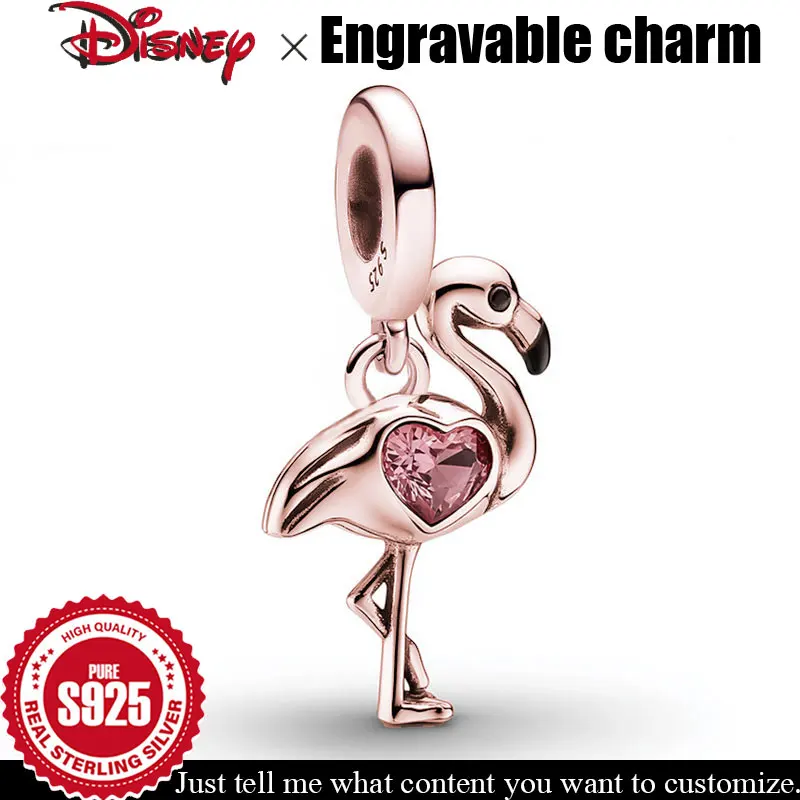

Customizable pendant 925 Sterling Silver Engravable Charm Disney Animal Flamingo Red Heart Zircon DIY Bracelet Beads Jewelry