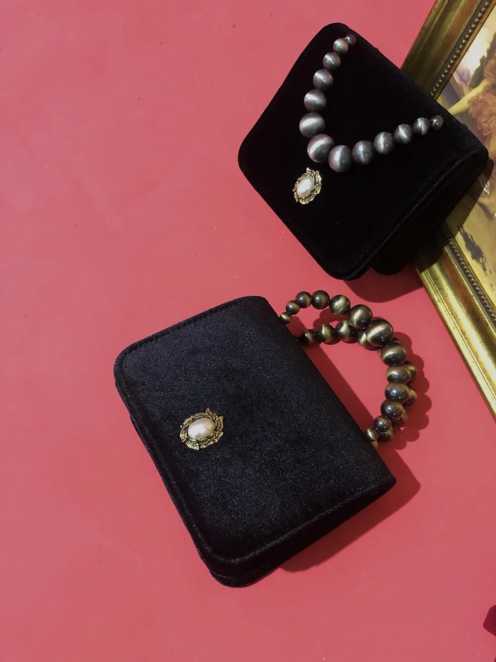 Lost in Vintage 1960s  Velvet Handbag Square Flat Evening Bag Black Fabric with Gold & Pearls Purse Mini Clutch Clasp Purse