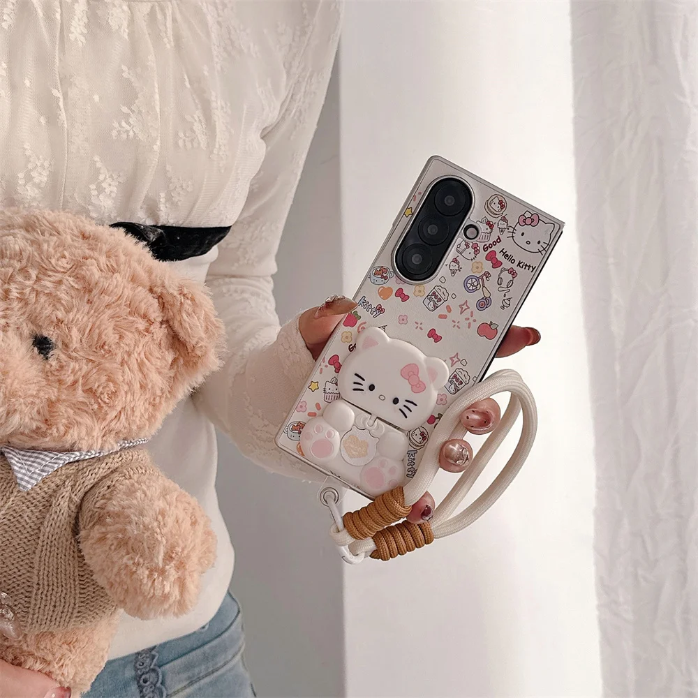 

Kawaii Phone Case with 3D Hellokitty Mirror Stand for Samsung Galaxy Z Fold7 6 5 4 Fold5 Fold6 Fold7 Cover Fashion Capa With Cha