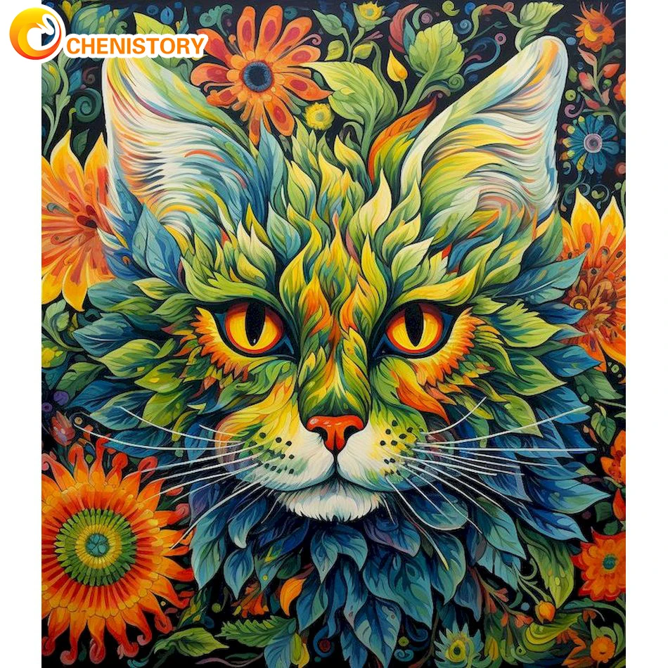 

CHENISTORY DIY 5D Diamond Painting Colorful Cat Full Round Mosaic Animal Diamond Embroidery Art Rhinestone For Home Decor Gift