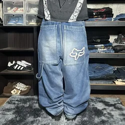 Jean Baggy Délavé Bleu Vintage pour Femme, Broderie Hip Hop, Streetwear Décontracté, Pantalon à Jambes Larges, Taille Haute, Fjk, Y2k, Automne