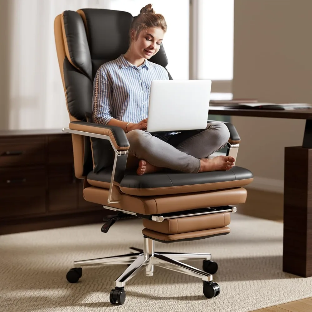 Reclining Office Chair with Footrest,  500lbs with Wide Seat and Lumbar Support for Heavy People, High Back, Leather