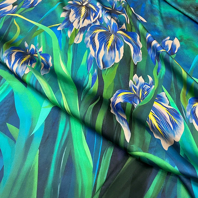 Brand Fashion Design Fabric Imitation Silk Satin Emerald Floral Dress Soft Draping Thin Cloth Diy Sewing Material Wholesale