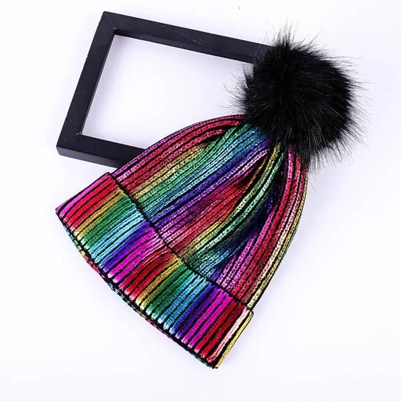 2024 Hot Gold Silver Beanies Woolen Hat Female Autumn Winter Students Warm Woolen Knit Hat Reflective Beanies