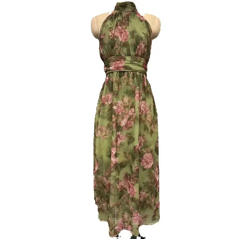Elegante halter off-shoulder holle feestjurken voor dames, lente bloemenprint chiffon lange jurk, boho mouwloze zomer strandjurk - afbeelding 2