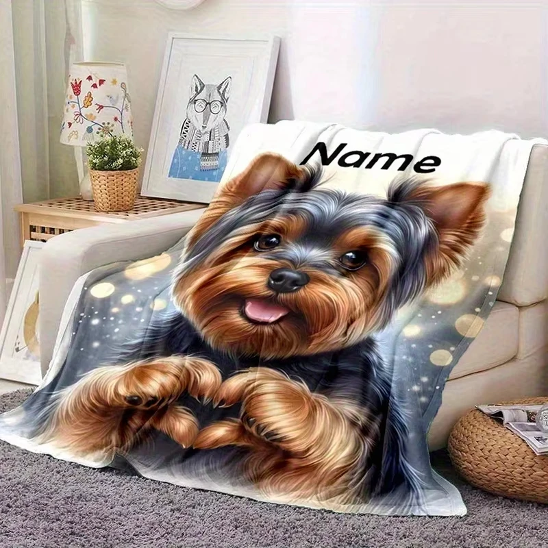 Personalized Custom Name Yorkshire Terrier Flannel Blanket Soft Throw for Bed Sofa Office Chair Ideal Birthday Christmas Gift