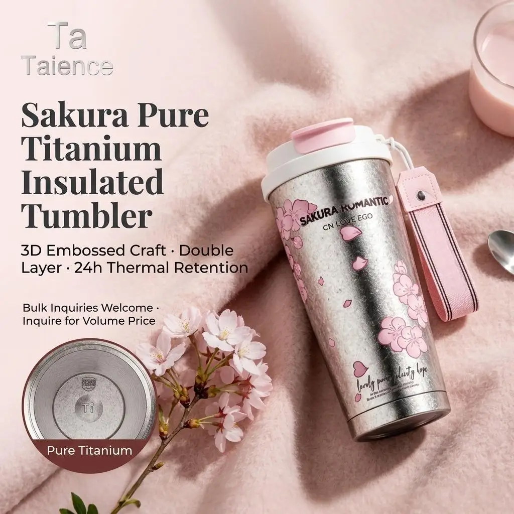 Taience Sakura Titanium Water Bottle 520ml Insulated Tumbler with 3 in 1 Lid Tea Infuser 3D Embossed Gift Box