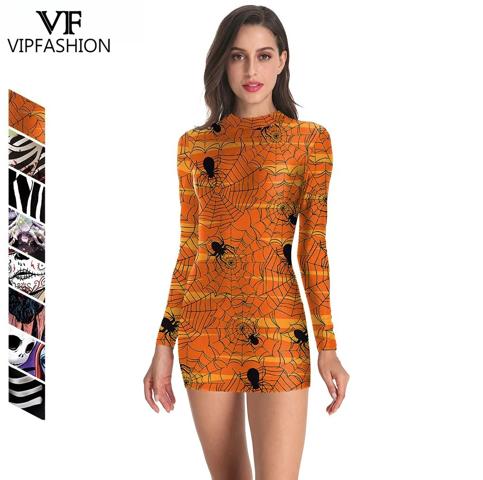 

VIP FASHION Women's Halloween Spider Web Print Bodycon Dress Long Sleeve Performance Costume Festival Mini Dress Party Outfit