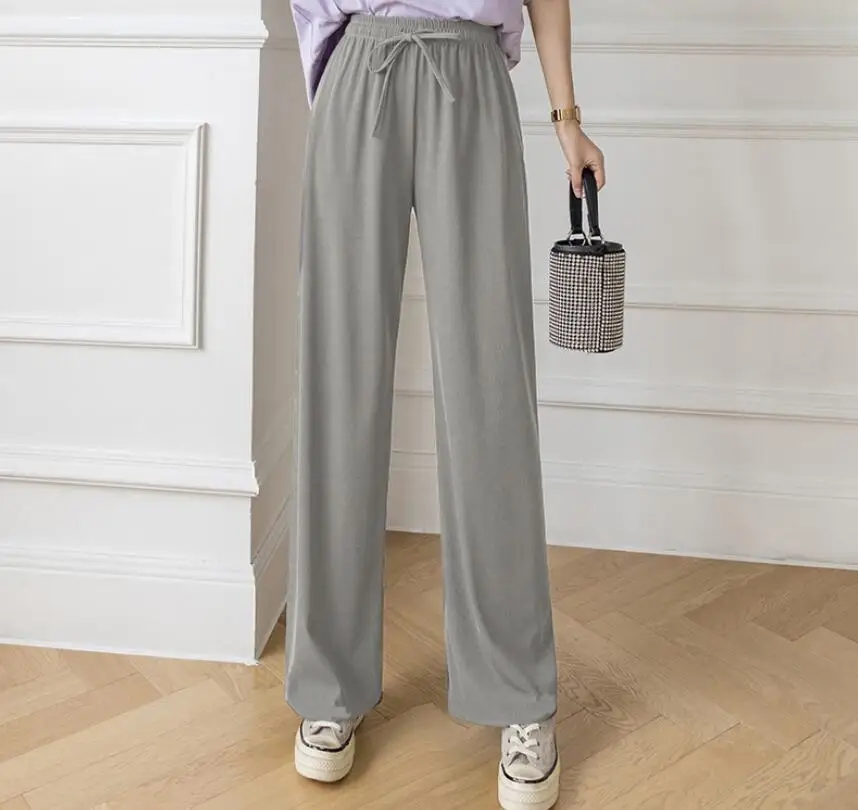 

Spring/Summer New High Waist Loose Straight Leg Casual Solid Color Elastic Waist Tie Up Ice Silk Wide Leg Pants For Women,5 Colo