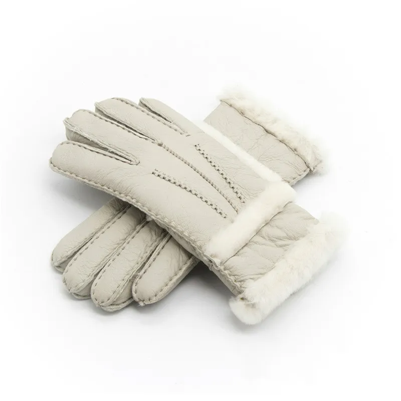 100% Sheepskin Winter Mitten Gloves  for Women  Men Real  Cashmere Fur Warm Gloves Ladies Full Finger Genuine Leather