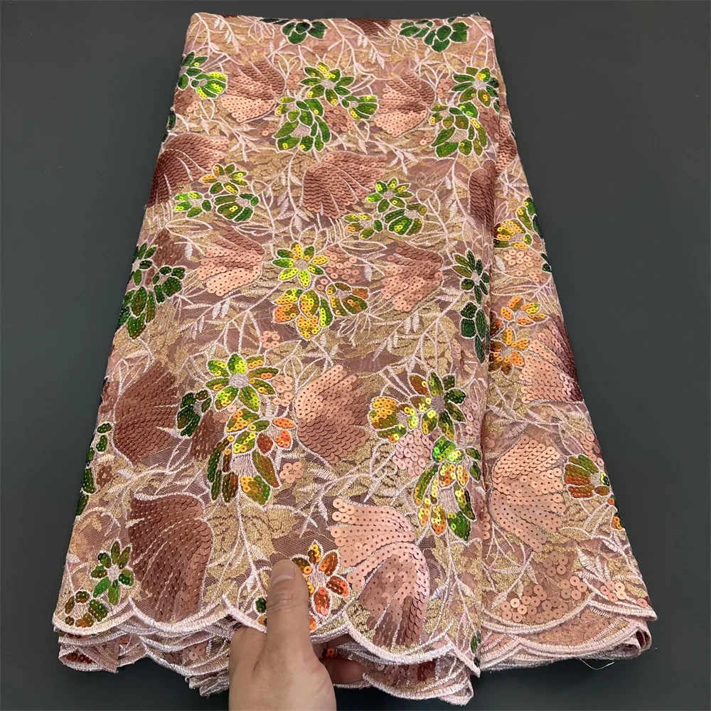 

2025 African Nigerian High-Quality Sequins Embroidery Tulle Lace Fabric 5 Yards Sewing Beads Stone for Prom Dresses