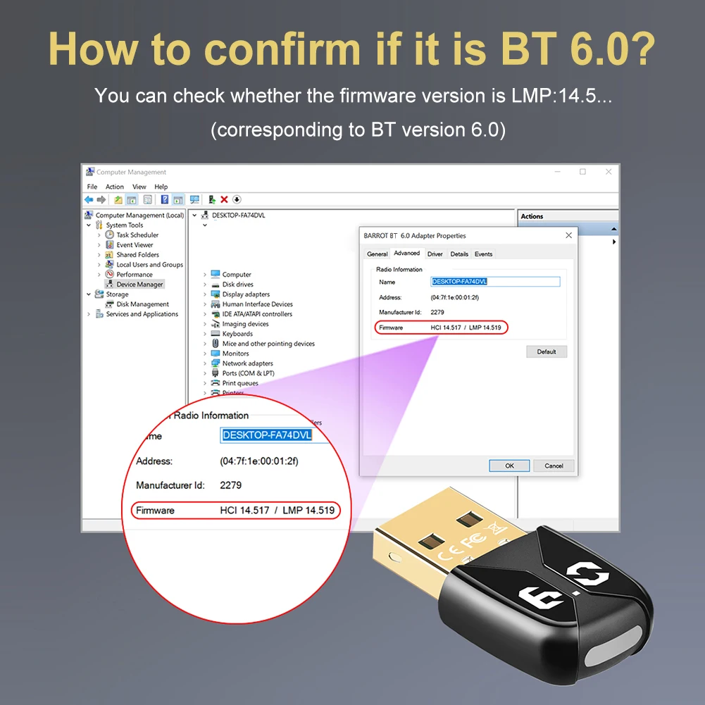 Adaptador BT 6,0 USB BT 6,0 Dongle inalámbrico BT transmisor receptor para PC altavoz ratón inalámbrico teclado