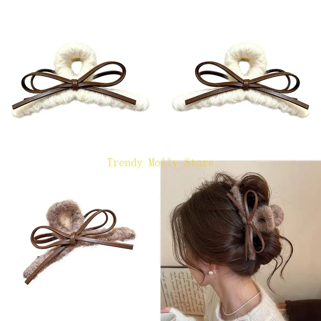 

N5KB Autumn Winter Plush Leather Bows Hair Claw Clip Fashion Hairstyles Securely Hold