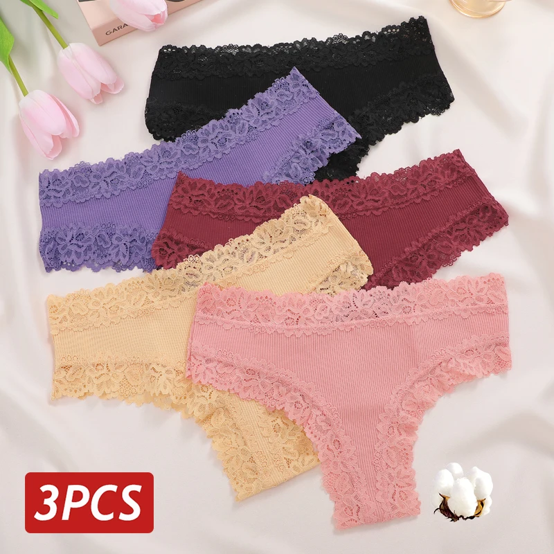 3 Teile/satz Frauen Sexy Spitze Höschen Baumwolle Nahtlose Brasilianische Höschen Weibliche Sexy Low Rise Weiche Unterwäsche G-String Dessous S-XL